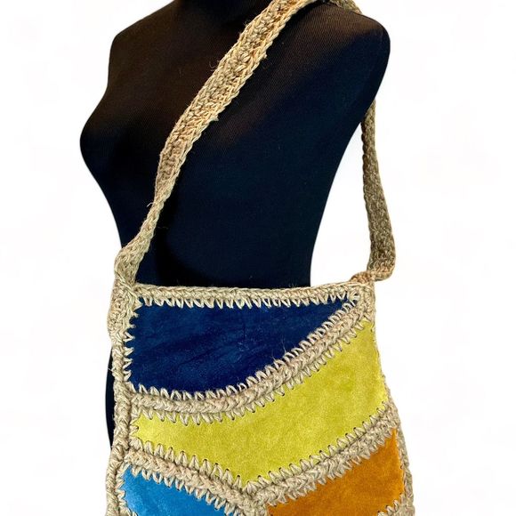 70's Woven Jute with Multicolor Patches Crossbody-Shoulder Bag, Made in Italy - Picture 4 of 8